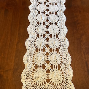 Off-White Cotton Hand Crocheted Table Runner with Circular Motif and Wavy Edge |  11.5" x 32"