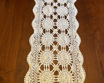 Off-White Cotton Hand Crocheted Table Runner with Circular Motif and Wavy Edge |  11.5" x 32"