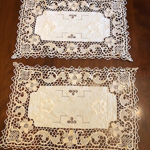 Two Matching Beige Table Runners w/ Floral Embroidered Linen and Cutwork Centers and Crocheted Lace Borders w/ Scalloped Edge | 10.5&quot; x 17&quot;