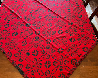 Red and Forest Green Woven Acrylic Geometric Square Tablecloth with Fringe Trim | 50" x 52"