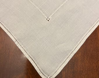 Ivory Linen Square Table Topper with Drawn Thread Border | 26.5" x 27.5"
