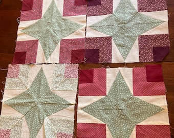 Set of 5 Coordinating Cotton Patchwork Quilt Squares in Greens and Pinks | 12.5" x 12.5"