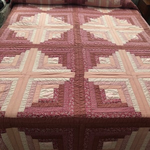 Vintage Rose Tone Cotton Handmade Log Cabin Variation Quilt, Full or Queen Size | 80&quot; x 108”