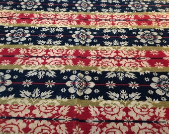 Antique 1838 Wool Jacquard Floral Twin Handwoven Blanket in Ivory, Red, Navy and Olive Green with Fringe Trim | 77" x 84"