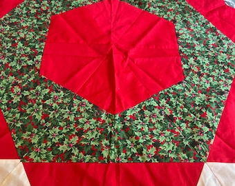 Handmade Christmas Patchwork Pentagonal Table Topper Centerpiece with Hand Embroidered Pine Boughs | 51" Across