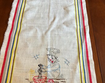 White LInen Striped Tea Kitchen Dish Towel with Hand Embroidered Baker Chef | 15" x 23"