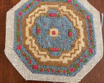 Handmade Dollhouse Miniature Needlepoint 8 Sided Blue and Brown Floral Area Rug  | 4.5" x 4.5"