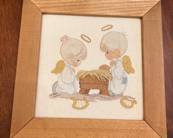Hand Cross-Stitched Framed Art of Precious Moments Angels with Manger, Square with Wood Frame | 10.5" x 10.5"