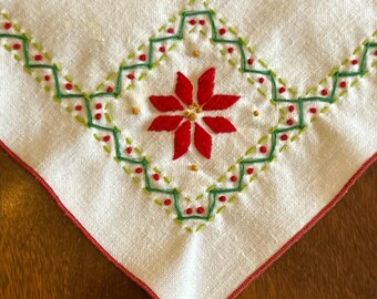 Set of Six Off-White Cotton Napkins with Hand Embroidered Christmas Poinsettia Border, Kit by Columbia-Minarva | 15.5" x 15.5"