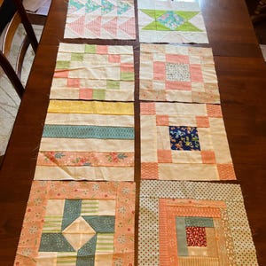 Könnte beinhalten: Eine Sammlung von neun quadratischen Stoff-Quiltblöcken, die in Reihen angeordnet sind. Die Blöcke zeigen verschiedene Patchwork-Designs, darunter Windräder, Blockhäuser und geometrische Muster in Pastelltönen wie Rosa, Grün, Gelb und Blau.