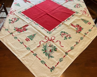 MCM White Cotton Square Christmas Tablecloth, Red Center, Holly, Greens, Ribbons, Candles, Poinsettias, Tree, Bells, Lantern | 45.5" x 47