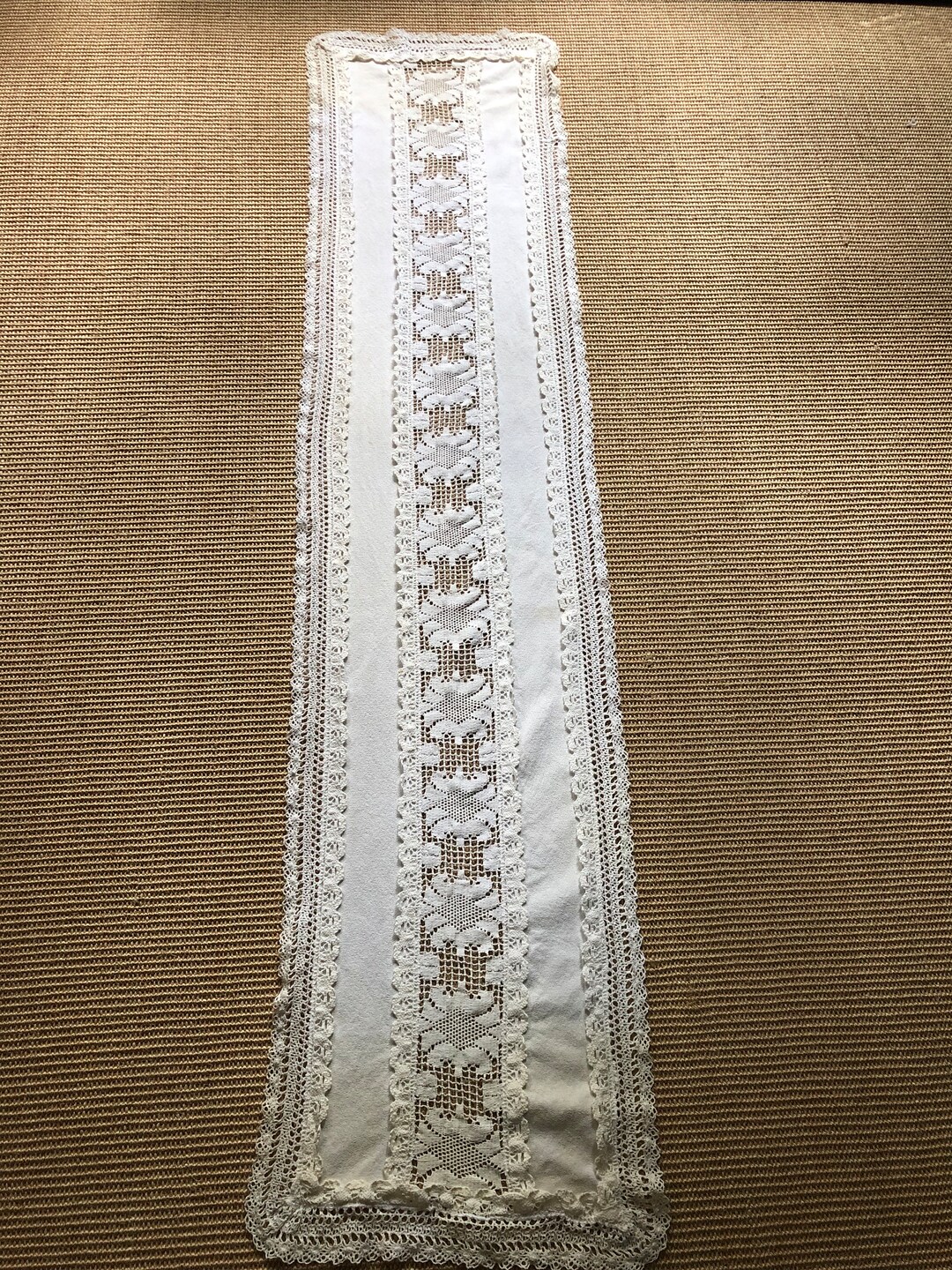 Vintage Natural White Cotton Table Runner With Geometric Etsy