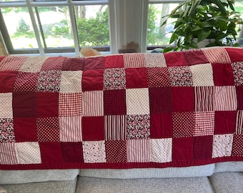 Red Cotton Patchwork Square Hand Quilted Throw Blanket or Wall Hanging | 49" x 62"