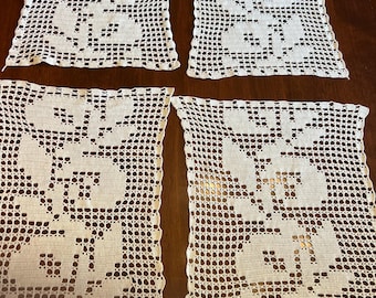Set of Four White  Rectangular Floral Filet Lace Crochet Doilies or Table Topers | 8" x 11"
