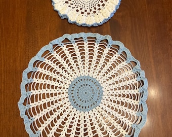 Set of Two White Cotton Hand Crocheted Round Doilies with Blue Trim | 8.5" and 14"