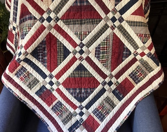 Cotton Patchwork Hand Quilted Square Throw Blanket in White, Red and Blue Plaid | 46.5" x 47"
