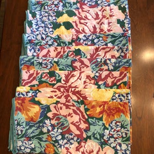 Set of 10 Matching Floral Print Dinner Napkins in Green, Pink and Orange | 18&quot; x 19&quot;