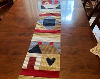Handmade Country Home and Heart Patchwork Cotton Table Runner in Red, Blue and Tan | 9.5" x 55.5"