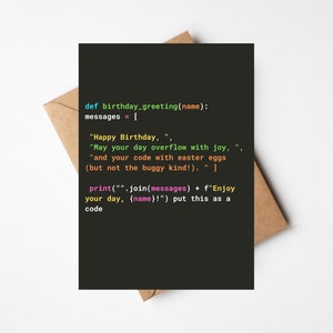 Happy Code Day : carte d'anniversaire de programmeur avec voeux en python - Note d'anniversaire geek chic pour les développeurs et les techniciens