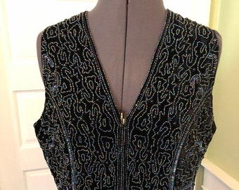 80s-90s Black Velvet Vest with Iridescent Beading, Front Hook Closure, and Back Tie by Nightline by Della Roufogali | Size Medium