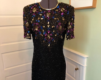 80s Black Silk Beaded and Sequined Short Sleeved Sheath Dress by Stenay | Size Medium