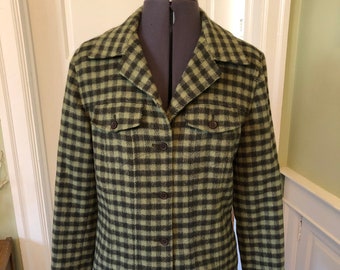 90s Olive Green Check Wool Blend Blazer or Jacket with Pockets by Talbots | Size Medium