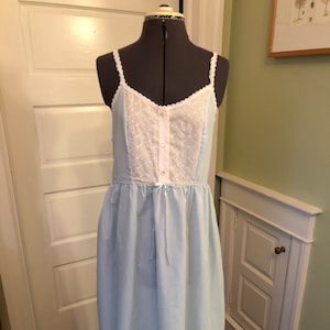 70s Light Blue Sleeveless Nightgown with White Eyelet Bodice Front and Lace Shoulder Straps by Petra Fashions | Size Medium/Large