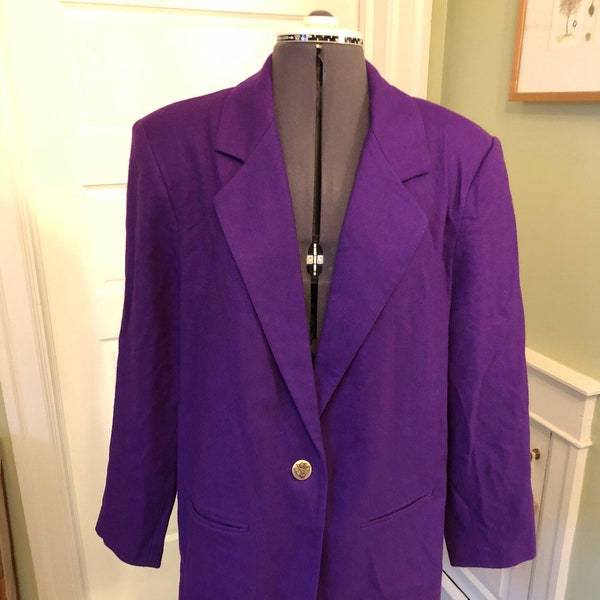 80s Purple Wool Long Sleeved Unstructured Blazer with Inset Pockets and Gold Button Closure by Sag Harbor | Size XL