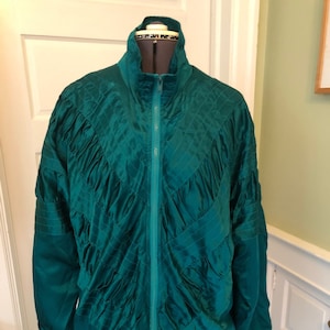 80s Emerald Green Silk Oversized Zipper Jacket With Gathered and