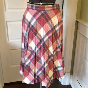 70s Pink, White and Blue Plaid Pleated Skirt | Size S