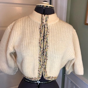 60s Ivory Wool Mockneck Shrug or Cropped Cardigan Sweater with Half Sleeves and Braid Trim by Merriwether Original | Size Small Medium