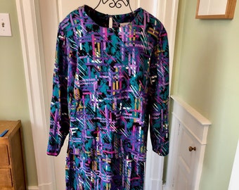 80s Matching Abstract Print Abstract Long Sleeved Blouse and Skirt Set by Tumbleweeds | Size Large