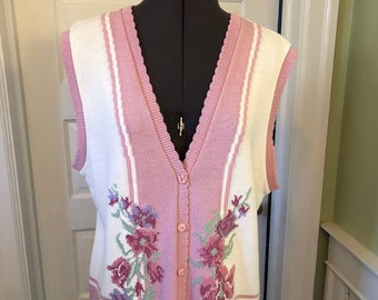 Débardeur à col en V en tricot de coton mélangé ivoire et rose des années 90 par Southern Lady | Grande taille