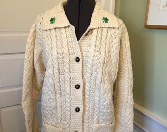 90s Ivory 100% Merino Wool Irish Cable Knit Cardigan Sweater with Clover Embroidery on Collar and Pockets by Arancrafts  Size Medium