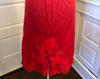 Vintage Red Nylon Half or Skirt Slip with Lace Insets and Soutache Doodles | Size Medium