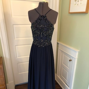 90s Navy Crepe Halter Formal or Prom Dress with Illusion Netting Bodice with Soutache and Iridescent Rhinestones by Blondie Nites | Size XS