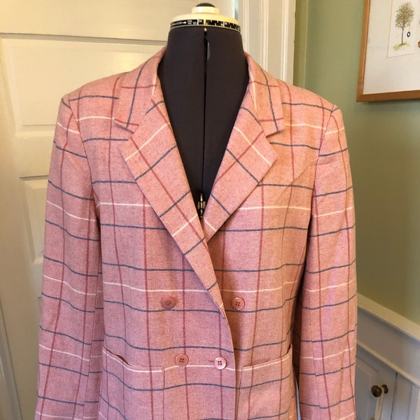 80s Rose, Off-White and Blue Plaid Wool Blend Long Sleeved Double Breasted Blazer with Patch Pockets by The Wyndham Collection | Size L
