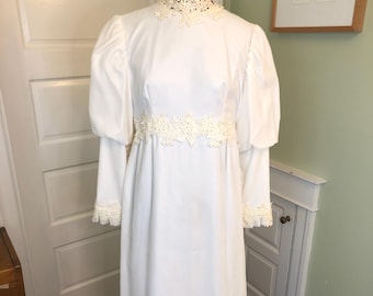 70s Ivory Silk Velvet Empire Waist Bridal Gown Wedding Dress with Floral Lace Details and Bishop Long Sleeves by Murray Hamburger | Size M