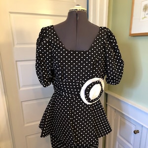 80s Black with White Polka Dots Scoop Neck Short Puff Sleeves Peplum Party dress with Gigantic Rosette by Evenings by Pantagis | Size L-XL