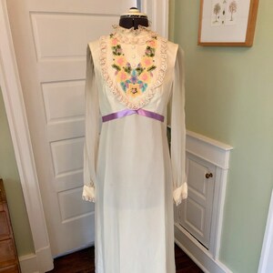 70s Ivory Embroidered Silk Prom Dress with Sheer Long Sleeves and Lace Embellishment | Size Small
