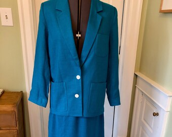 70s 80s Turquoise Linen Suit Jacket with Patch Pockets and Pleated Skirt Set by Weathervane | Size Large