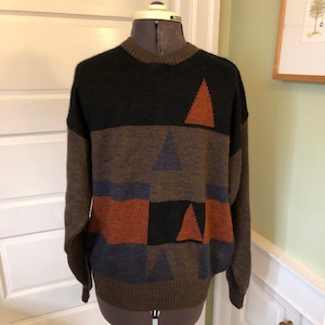 70s Brown Geometric Long Sleeved Winter Sweater by Mac Keen | Men&#39;s Size Large