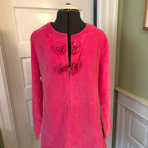 60s Pink Cotton Velvet Long Sleeved Zipper Top with Double Frog Closure by House of Ming | Size Medium