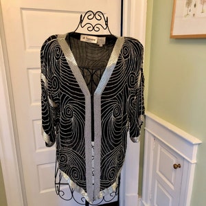 80s Black Silk Silver Beaded Evening Jacket with Half Sleeves by St. Honore | Size Medium