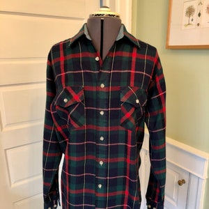 70s Red, Navy and Forest Green Acrylic Plaid Long Sleeved Button Down Shirt by Winterweights by Van Huesen | Men&#39;s Medium