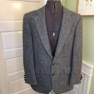 50s 60s Gray Blue Herringbone Harris Tweed Sport Coat W/ Pockets