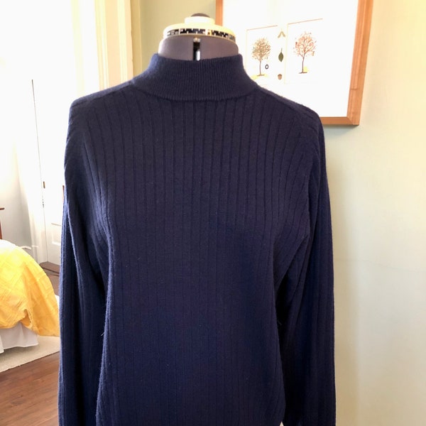 90s Navy Acrylic Mockneck Long Sleeved Ribbed Sweater by Jenny Buchanan | Size Large