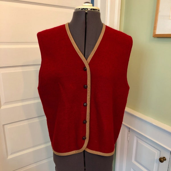 90s Pendleton Red Virgin Wool Sweater Vest with Brown Sueded Binding and Leather Wrap Buttons | Size Large