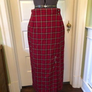 80s-90s Red Plaid Long Wrap Pencil Skirt with Pin by Charter Club | Size Medium