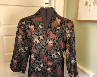 J.S. Thai Silk Black Floral Open Blazer with 3/4 Cuffed Sleeves | Size Large